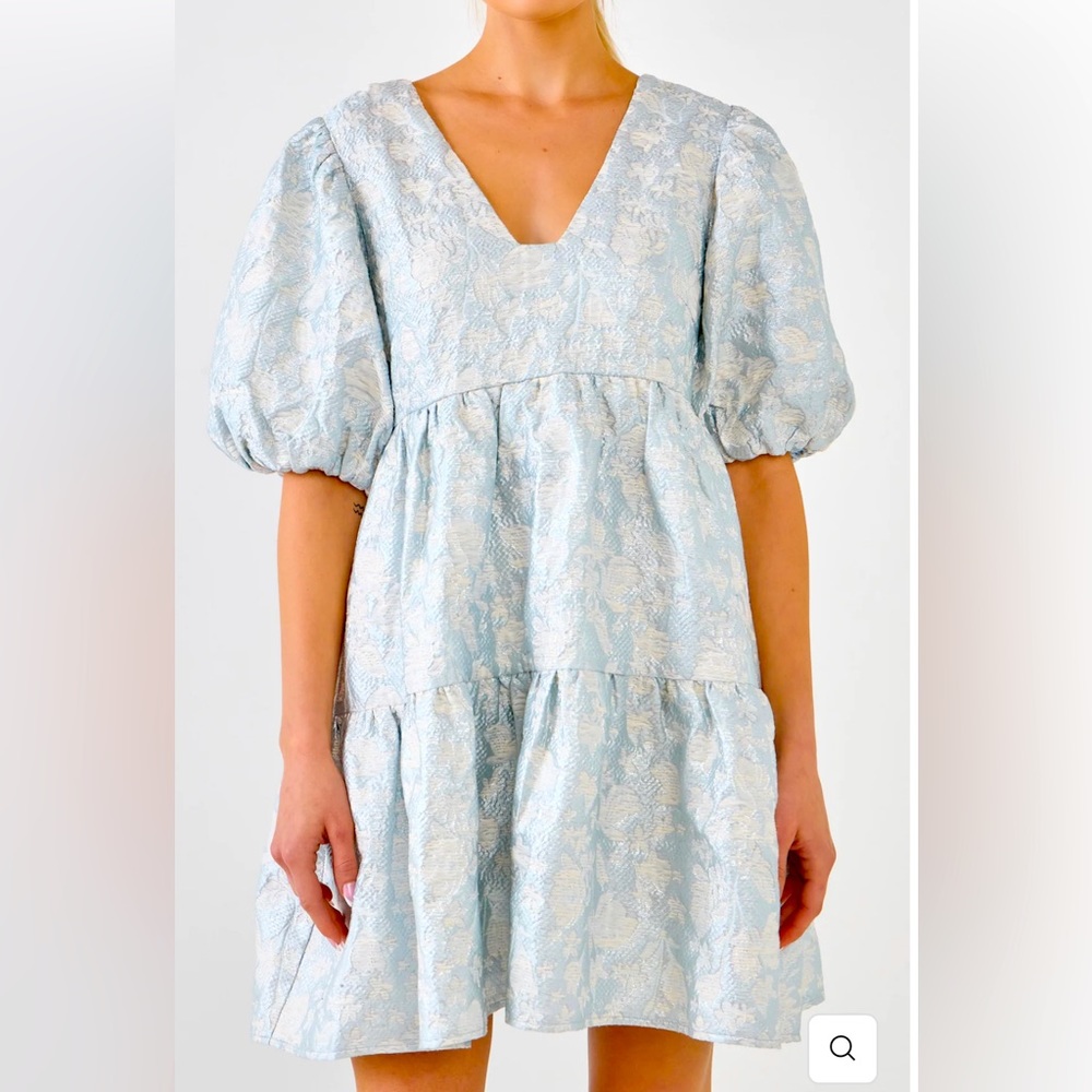 Jacquard Puff Sleeve High-Low Dress